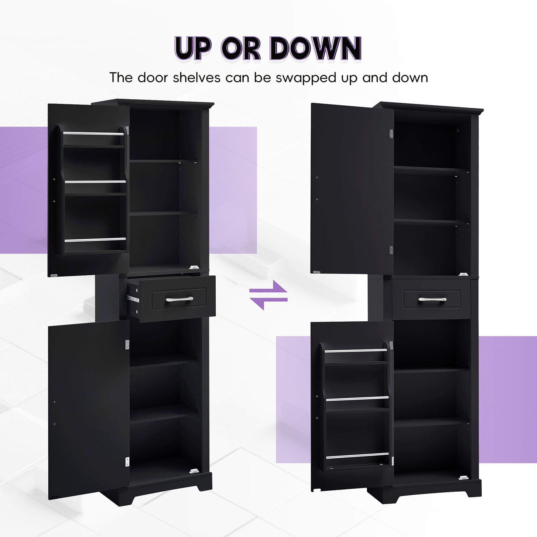 S-HOME Freestanding Black Bathroom Storage Cabinet Featuring Adjustable Shelves, Two Doors and Modern Handle Design for Easy Use