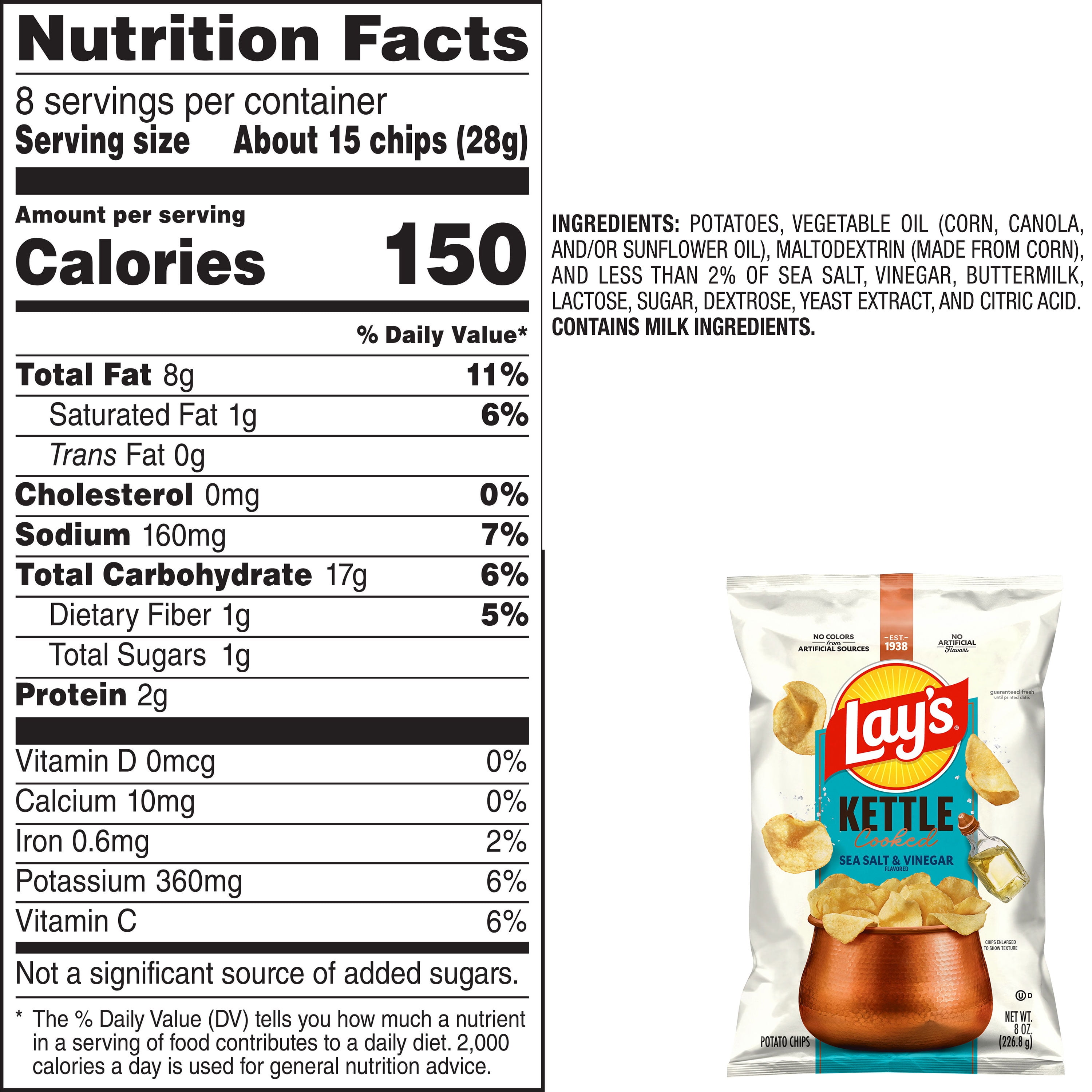 (4 pack) Lay’s Original Sea Salt Kettle Cooked Potato Chips Bag, 8 oz​