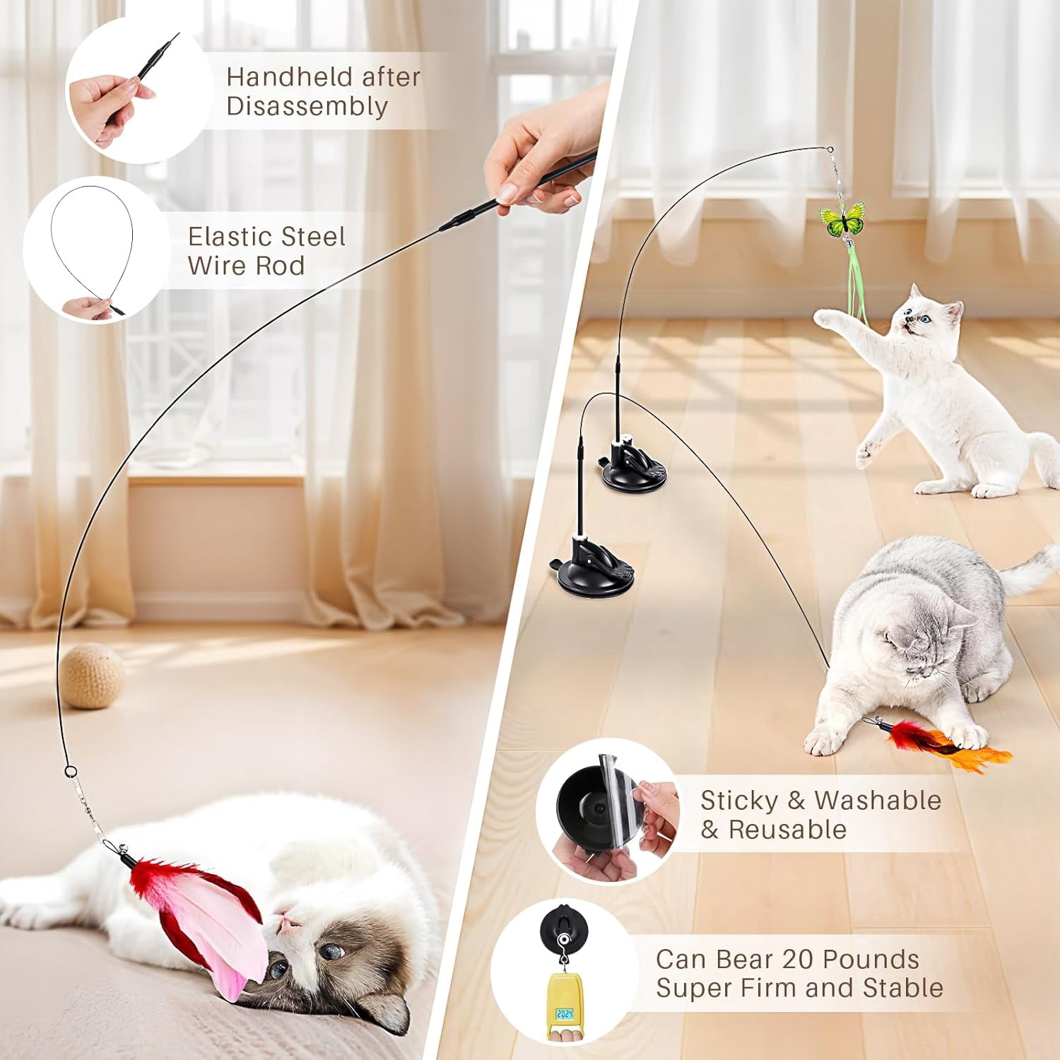 Cat Toys for Indoor Cats, 14Pcs 4 in 1 Cat Interactive Toys, Hanging Door Kitten Wand with Suction Cup Removable Feathers Balls Mice Butterfly Streamers