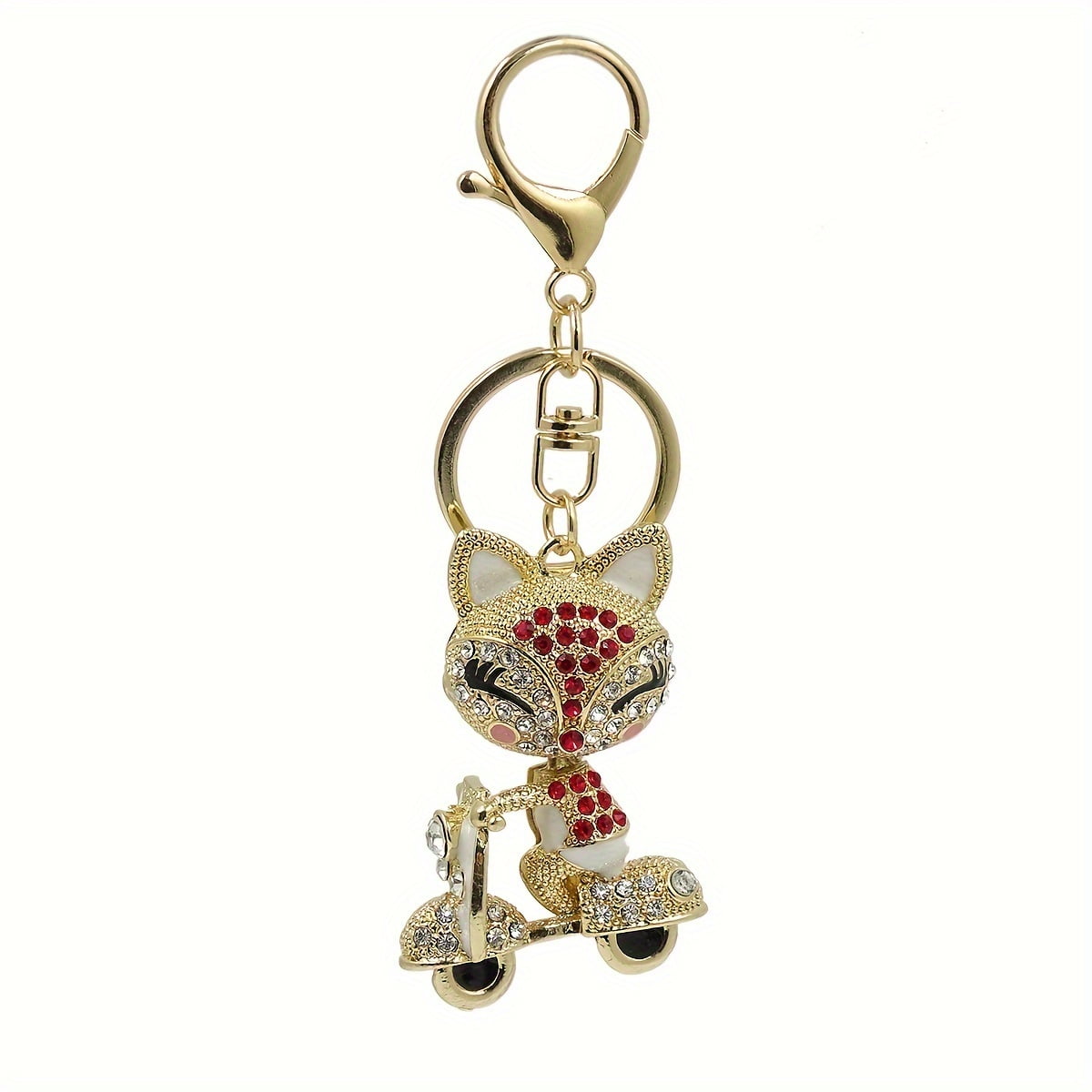 1 piece cute fox scooter keychain shiny rhinestone animal alloy key chain ring bag backpack hanging decoration car key pendant ladies girl gift
