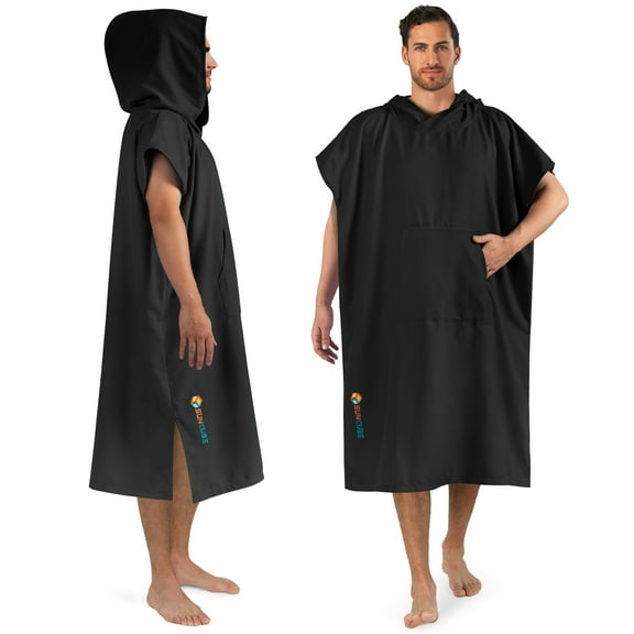 SUN CUBE Surf Poncho Changing Robe with Hood, Quick Dry Microfiber Wetsuit Changing Towel for Surfing Beach Swim Outdoor Sports Men, Absorbent Wearable Towel Cover Up with Pocket, Black