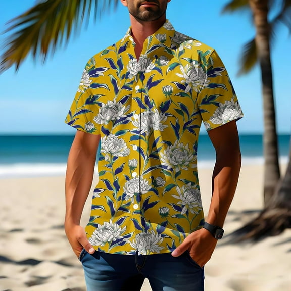 DJDLJWCJ Men's Hawaiian Shirt Relaxed Fit Summer Beach Vacation Short Sleeve Button Up Shirt Summer Tee Yellow 5XL