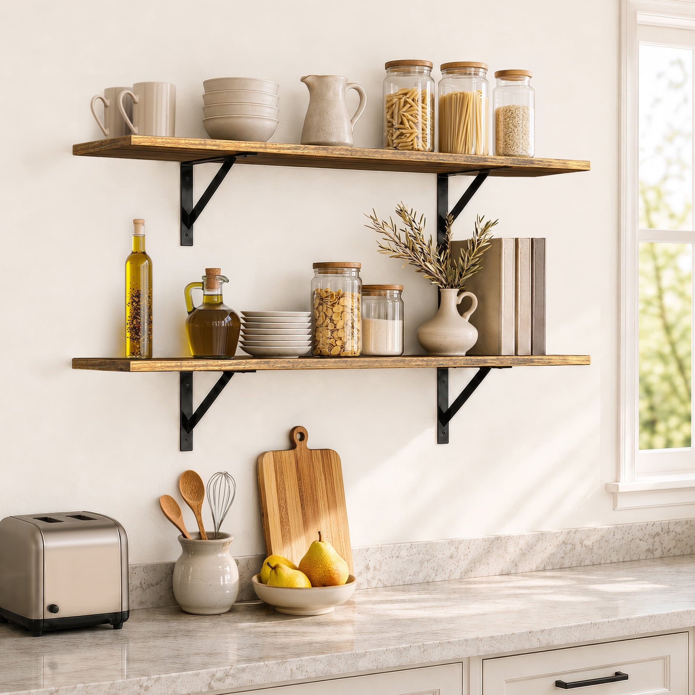 Sorbus 47.3 in Wood Wall Shelves with Black Metal Brackets, Brown, 2-Piece Set
