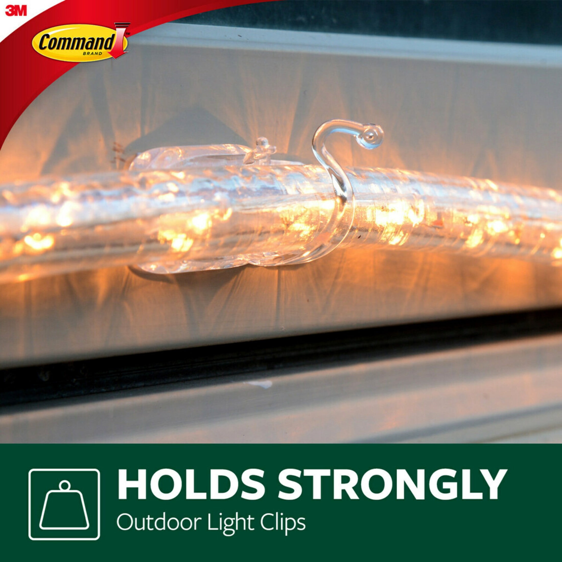 (3 pack) Command Outdoor Rope Light Clips, Clear, Hang Lights, 12 Clips and 16 Strips, Holiday Decorations