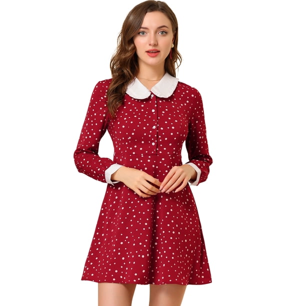 Vestido camisero vintage de manga larga con cuello Peter Pan y lunares para mujer borgoña M