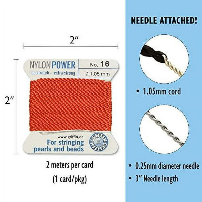 Griffin Nylon Bead Cord Perlseide Coral Color Size 16 (1.05mm) 2 Meters per Card Stainless Steel Needle Attached for Knotting Pearls, Gemstones