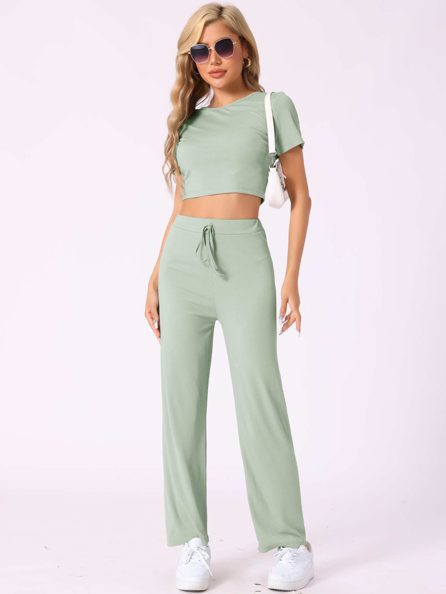 DARING DIVA Women's Short Sleeve Crop Top and Pants Pajama Set S Green
