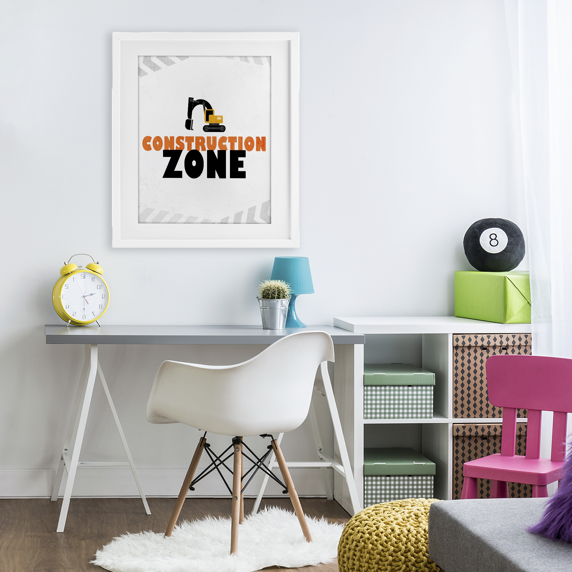 Construction Zone Minimal White Framed Print Under Glass, design by Kim Allen