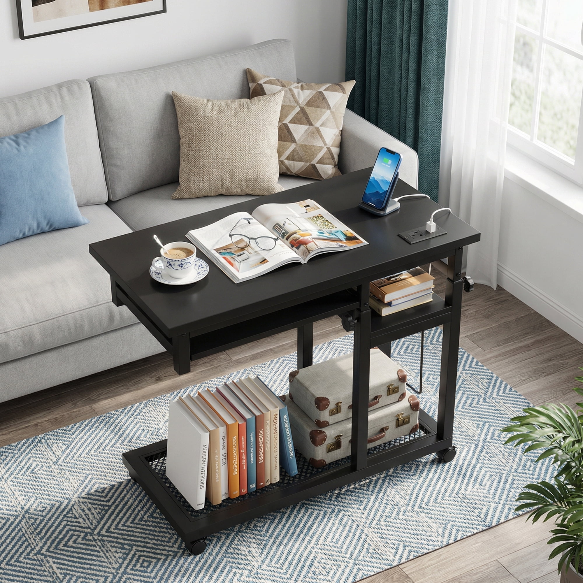 MAYEETY Height Adjustable Mobile C Table with Power Outlet & Keyboard Tray Sofa Side Table