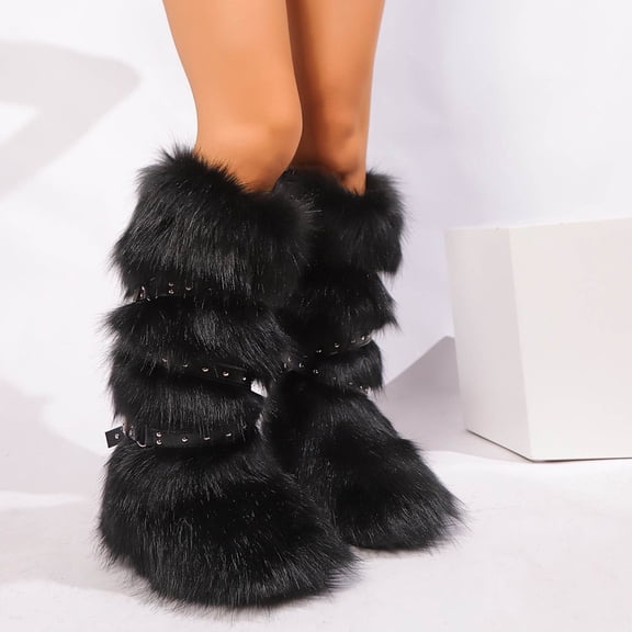 OKBOP Women's Furry Pink Boots Faux Fur Fluffy Mid Calf Tie Strap Winter Shoes