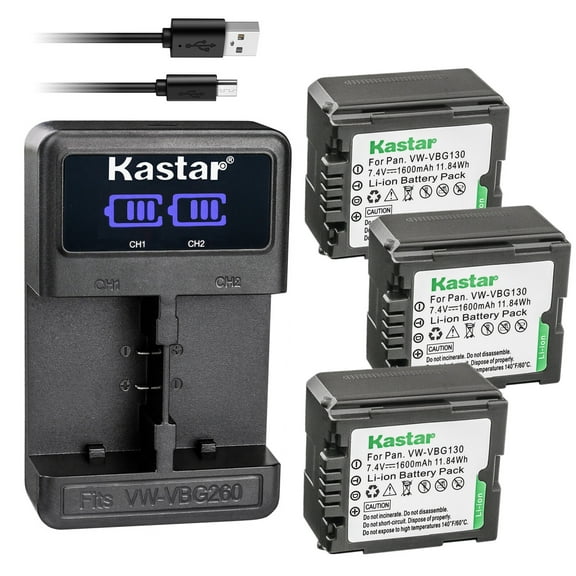Kastar 3-Pack VW-VBG130 Battery and LED2 USB Charger Compatible with Panasonic VW-VBG130, VW-VBG130-K, VW-VBG130PPK, VW-VBG260, VW-VBG260-K, VW-VBG260PPK, DMW-BLA13, DMW-BLA13A, DMW-BLA13AE Battery