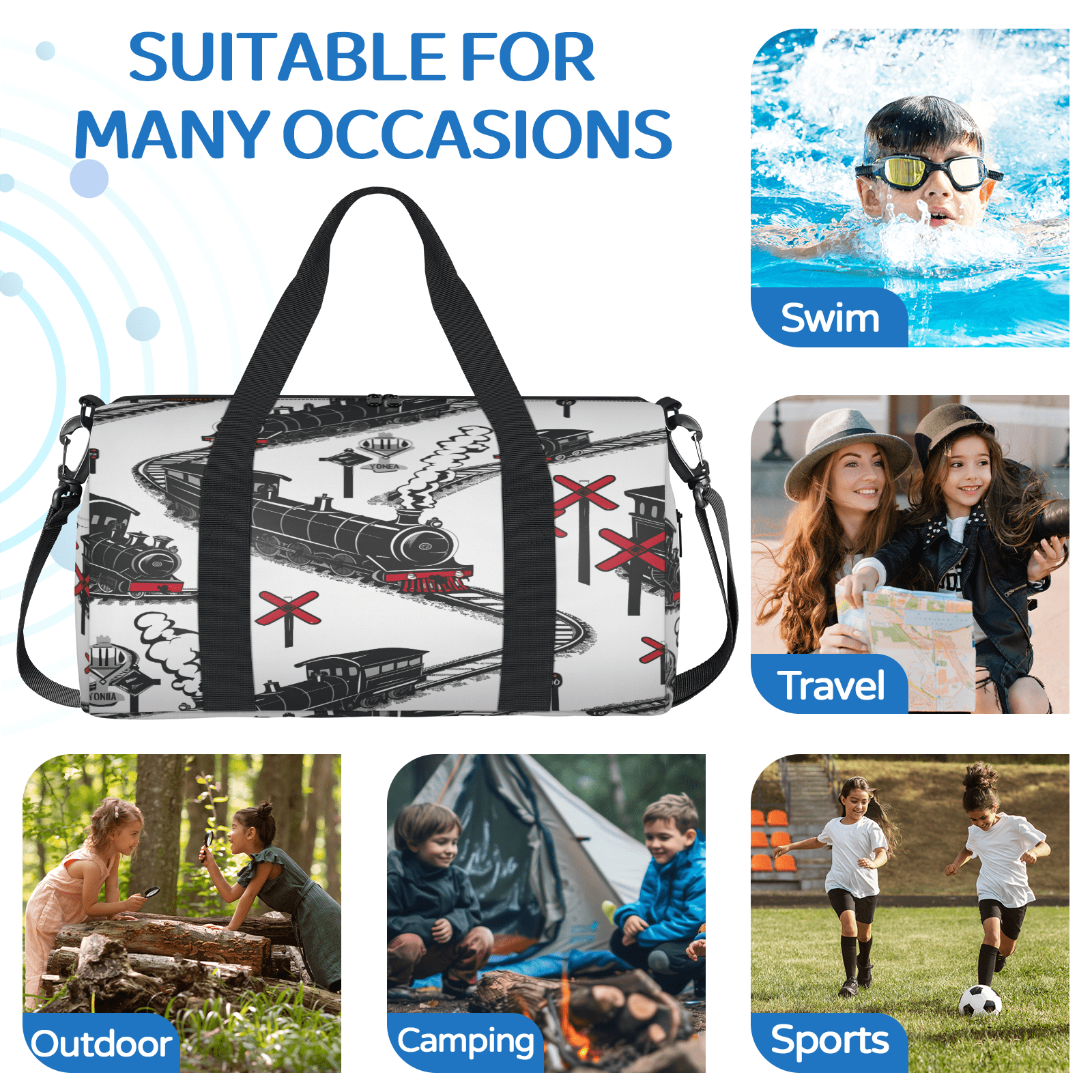 Herdesigns Cartoon Train Travel Duffle Bag Sports Yoga Weekender Overnight Carry on Workout Bags Lightweight Waterproof Gym Tote Bag for Women