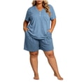 thumbnail image 3 of Plus Size Women's Plus Size 2 Piece Pajama Sets, V-Neck Short Sleeve Top & Drawstring Pocket Elastic Shorts, Oversized Solid Casual Home Outfit | TruHer,Light Blue 2XL, 3 of 7