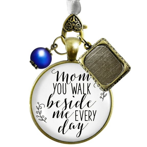 Wedding Bouquet Photo Charm Mom Beside Me White Bride Mother Memory Jewelry Blue Bead