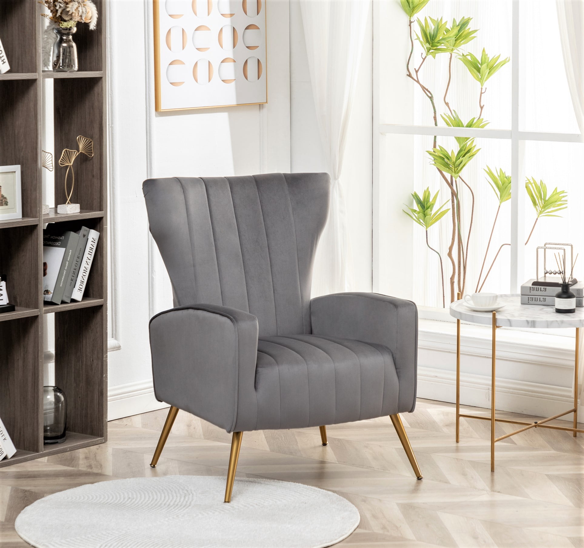 US Pride Furniture Kaleigh 27.56"W Velvet Sofa Chair with Metal Legs, Grey