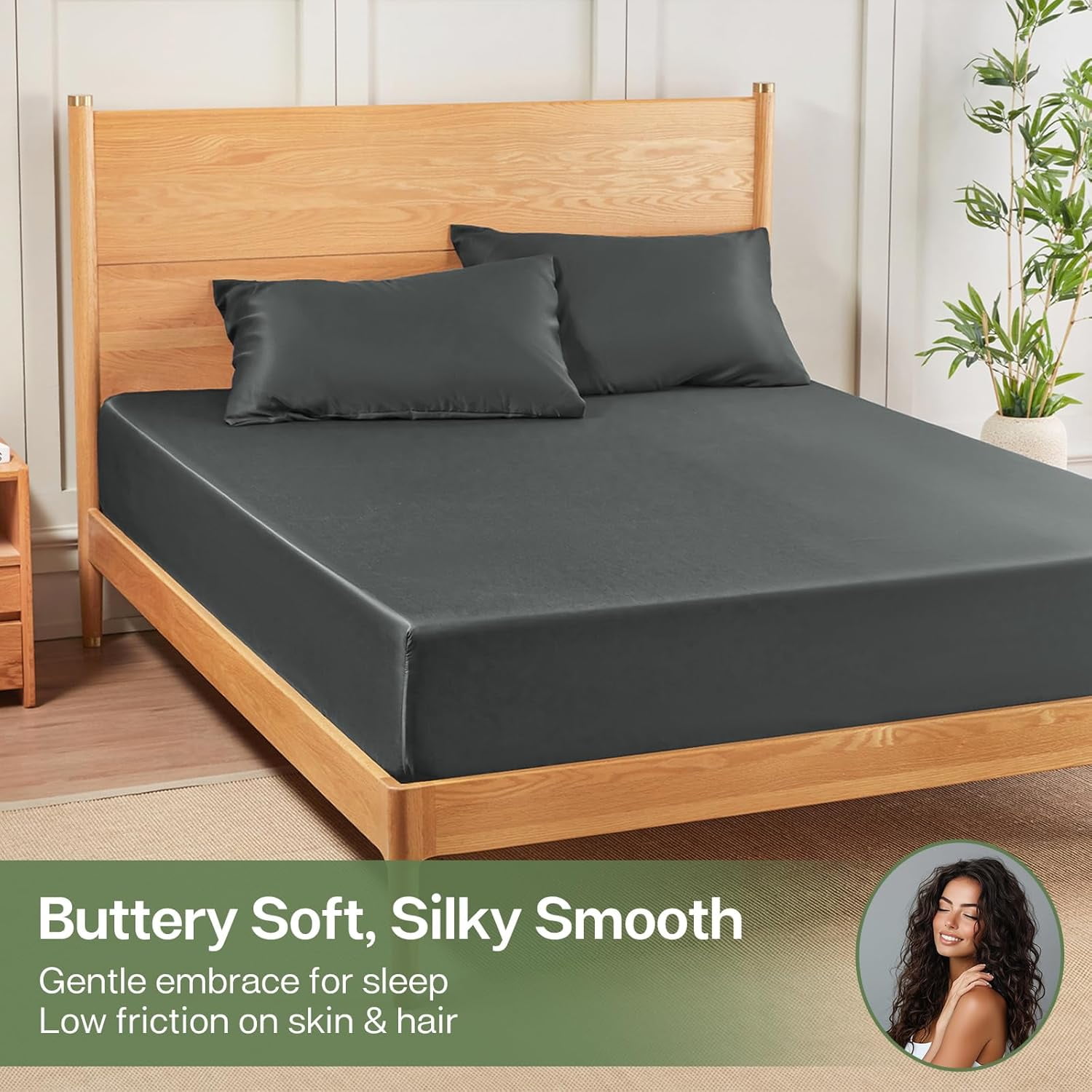 Queen Fitted Sheet Only, Ultra-Soft Rayon Derived from Bamboo & Polyester Blend, Silky Breathable, 15" Deep Pocket with Elastic Straps, Cooling for Hot Sleepers, Dark Grey