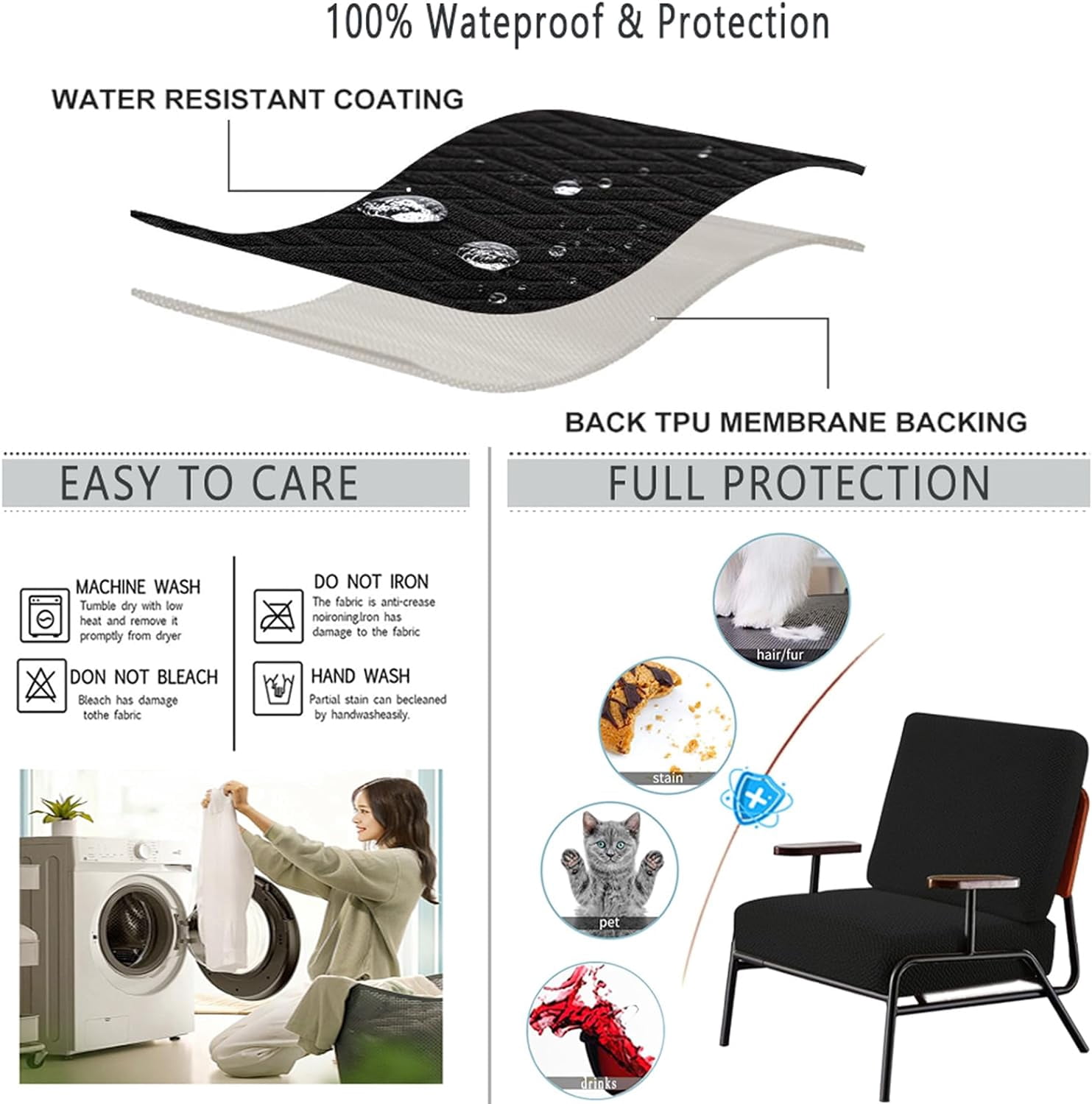 3 Pack 100% Waterproof Patio Sofa Cushion Covers, Stretch Outdoor/Indoor Individual Seat Cushion Cover Furniture Protector Sofa Slipcover, Black
