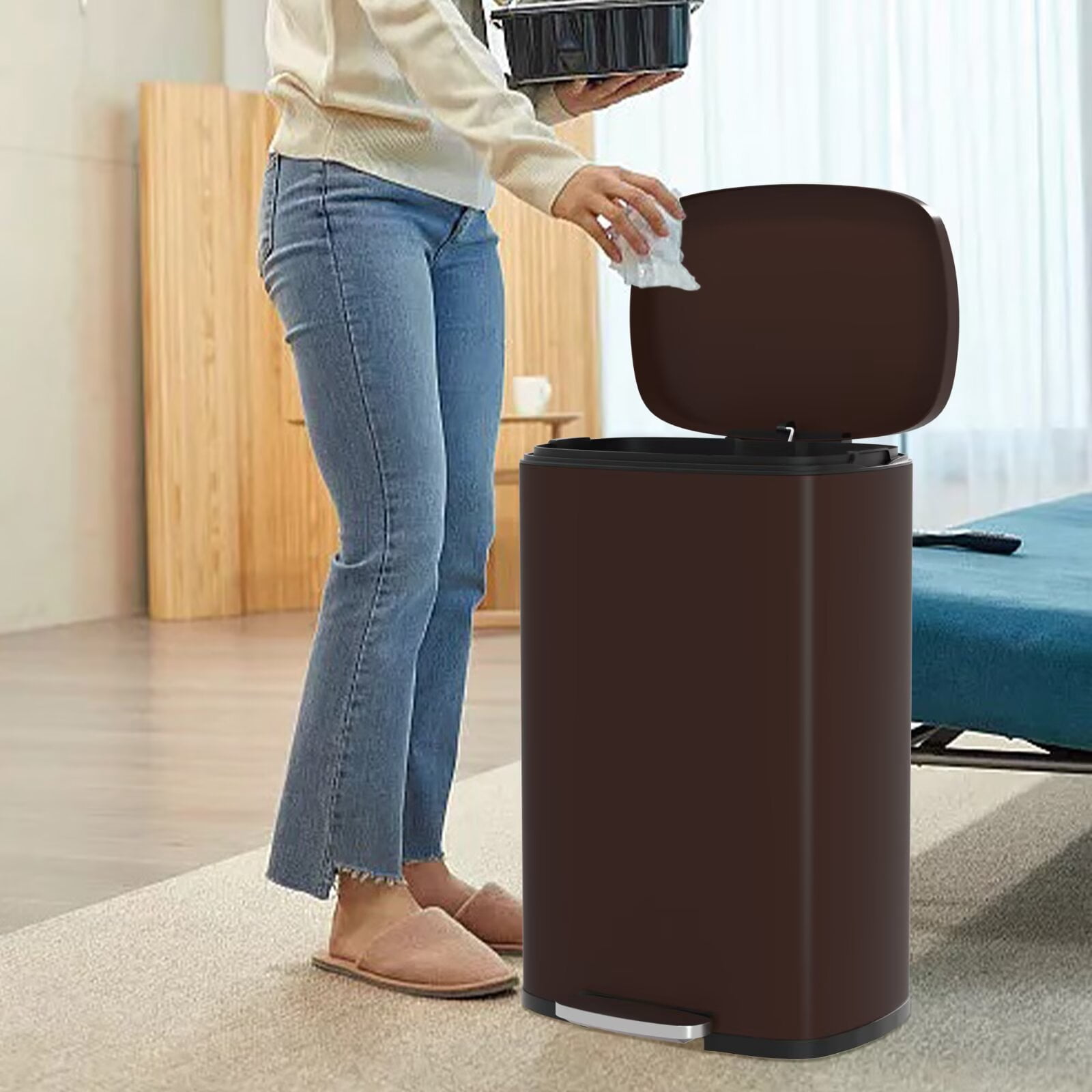 YRLLENSDAN 50 Liter/13 Gallon Stainless Steel Trash Can, Garbage Can with Lid and Removable Inner Bucket, Fingerprint Proof Trash Bin for Bathroom Kitchen Bedroom Office, Brown