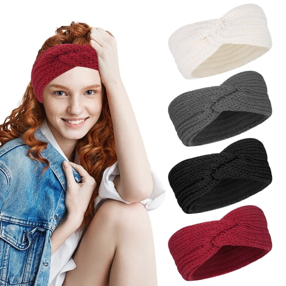 Bocaoying 4 Pcs Ear Warmers Headband, Knit Headbands Ear Wraps for Women, Winter Ear Warmer, Twisted Elastic Turban Head Wrap with Bow Knot