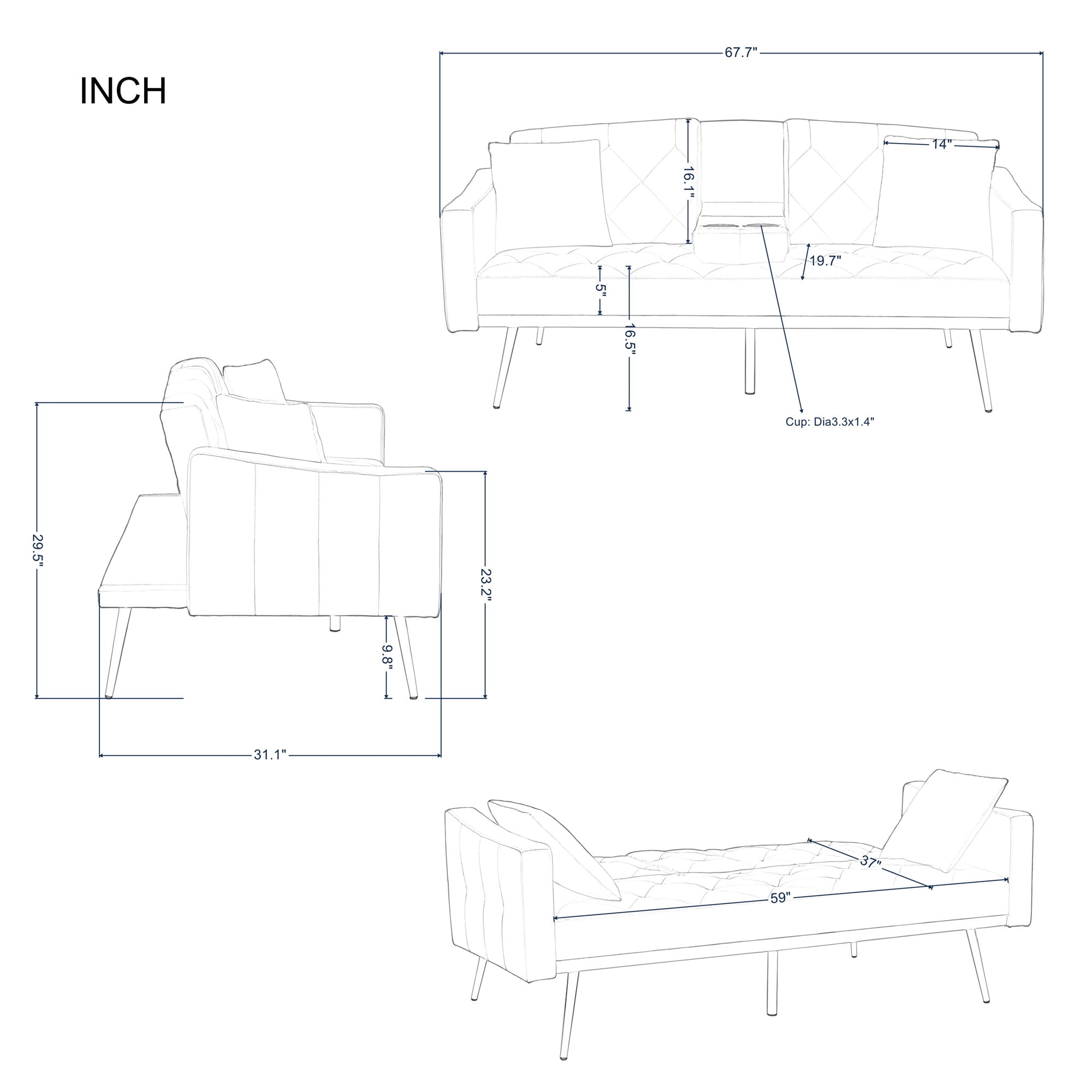 Aukfa Velvet Futon Convertible Sofa Bed for Home Office, 2 Pillows& Cup Holders, Tufted Futon, Gray