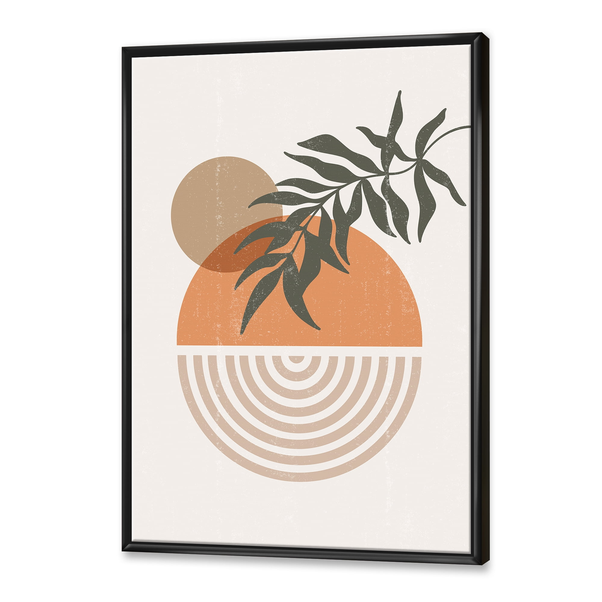 Designart 'Abstract Geometrical Moon and Sun With Leaf I' Modern Framed Canvas Wall Art Print