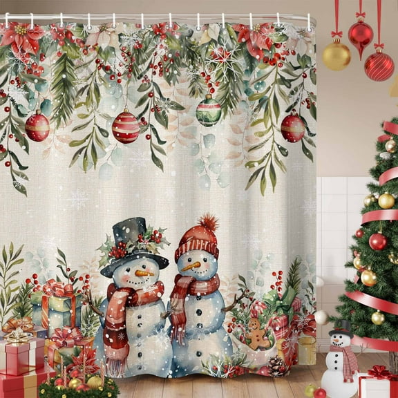 Christmas Snowman Shower Curtain, Xmas Poinsettia Winter Holiday Gifts Waterproof Fabric Shower Curtains with 12 Hooks, Bathroom Curtain Set for Bathroom Accessories Decor, 54 x 78Inches