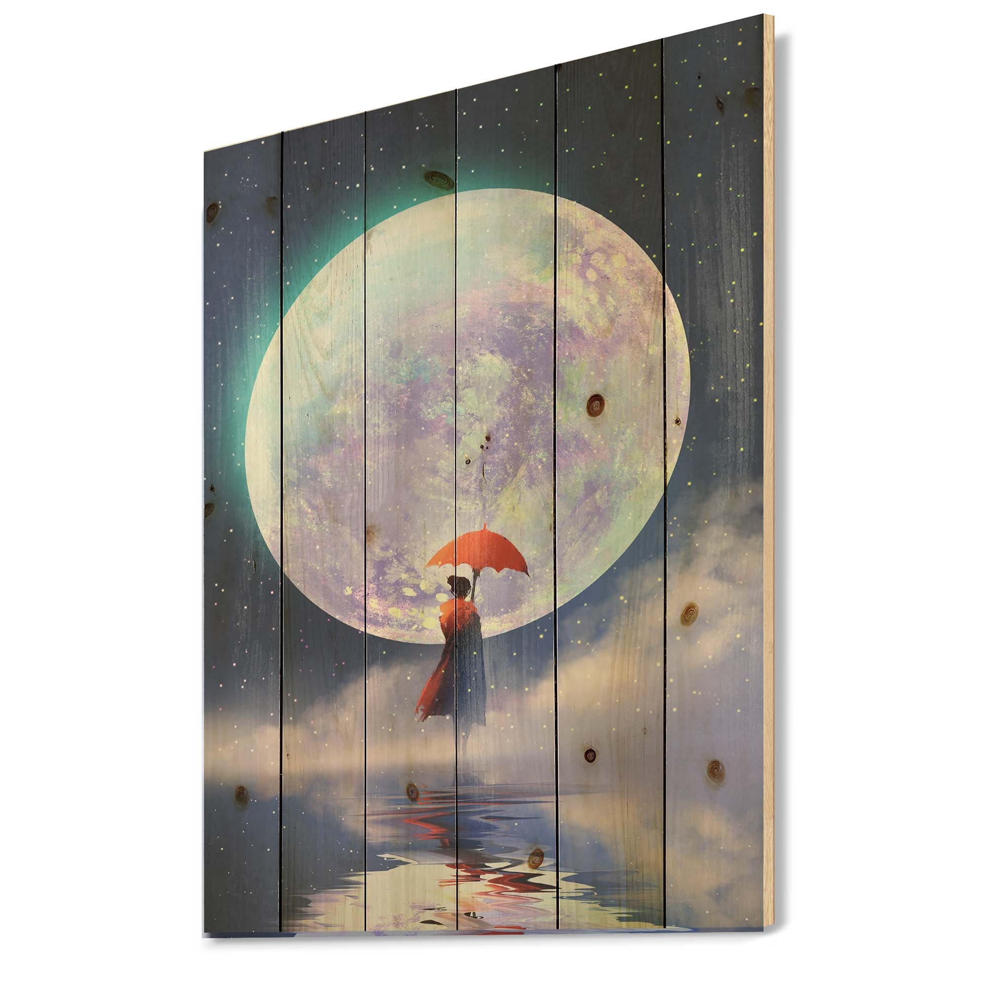 Designart 'Girl With Umbrella Standing On Water Against Moon' Traditional Print on Natural Pine Wood