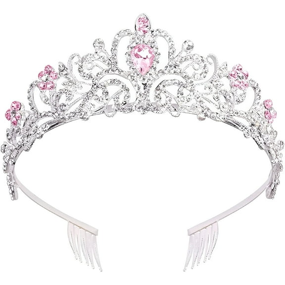 DESIGNICE Crown Tiara, Princess Crown, Women Tiaras, Crown Girls, Silver Tiara For Women Pink Crystal Tiara Crystal Crown With Combs, Crystals Princess Crown