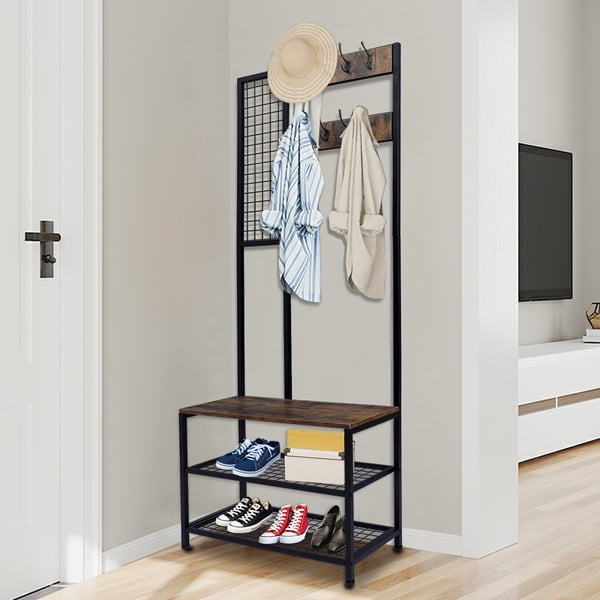 3in1 Shoe Rack Bench, Wodden Coat Tree Free Standing, Entryway Coat