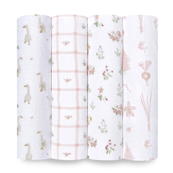 aden   anais™, Cotton Muslin Swaddle Blanket, Country Floral, Pink, Girls, Infants, 4-Pk