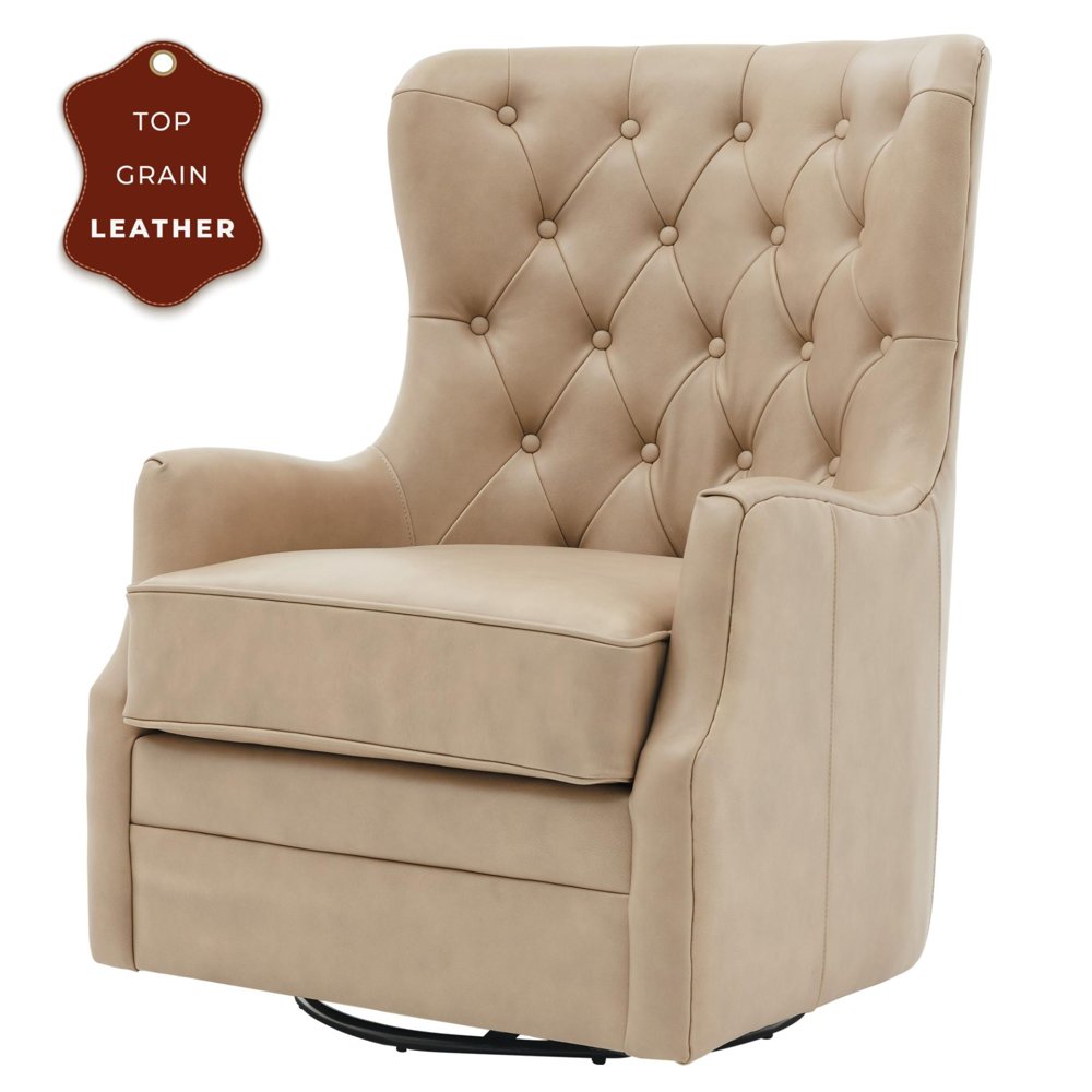 Anthony Top Grain Leather Swivel Rocker Tufted Chair Garrett Beige