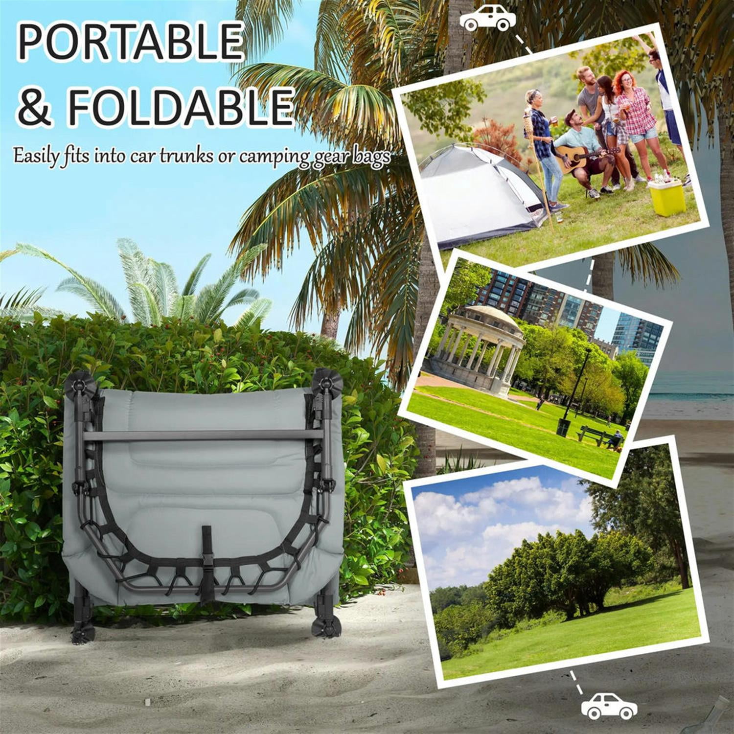 Demi Bonn Heavy Duty Camping Cot, Outdoor Portable Folding Bed with Comfortable Padded Cushion, 180° Reclining Backrest, 400 lbs Weight Limit, Gray