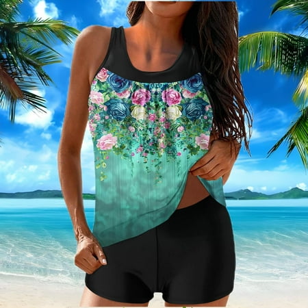 Ajshakl Swimming Suits for Women  Spring Summer Floral Print with Breast Top Two Piece Bikini Set  Blue XXL