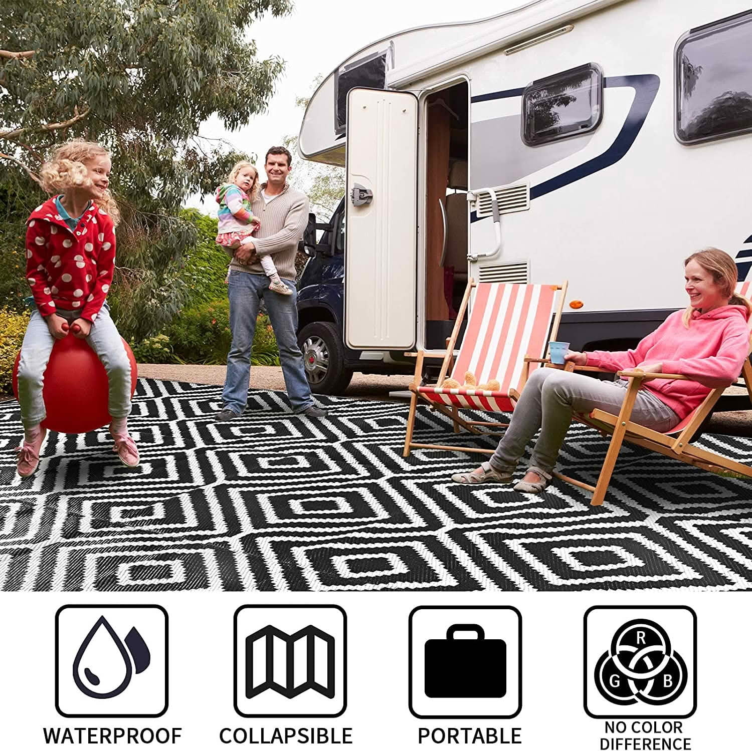 MAYEERTY 9x12 FT Plastic Straw Outdoor Patio Rug, Reversible Diamond Pattern Floor Mat Black and White, Waterproof UV Resistant Large RV Rug for Backyard Deck Beach Camping Picnic Trailer