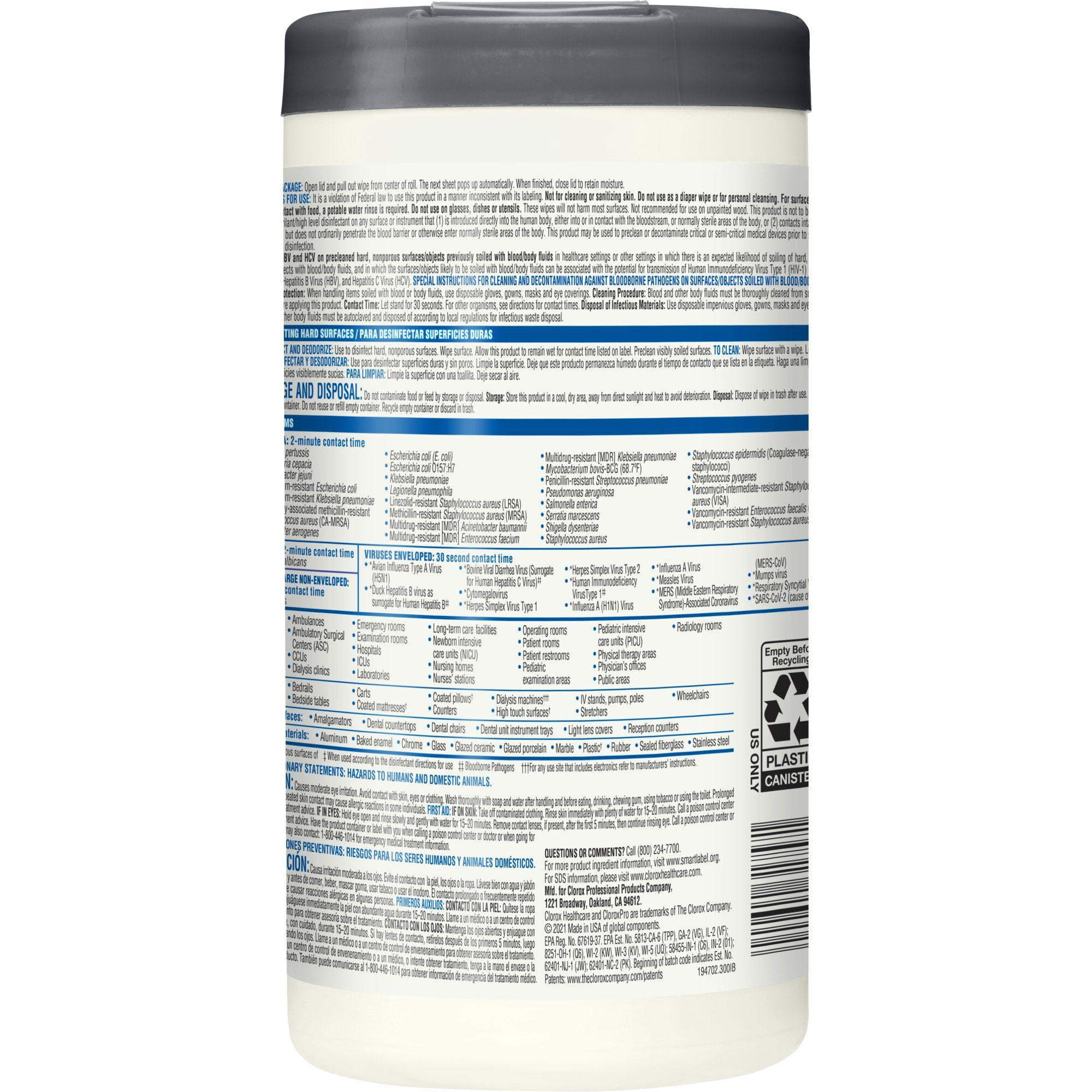 Clorox Healthcare VersaSure Cleaner Disinfectant Wipe, Cannister (CS/6)