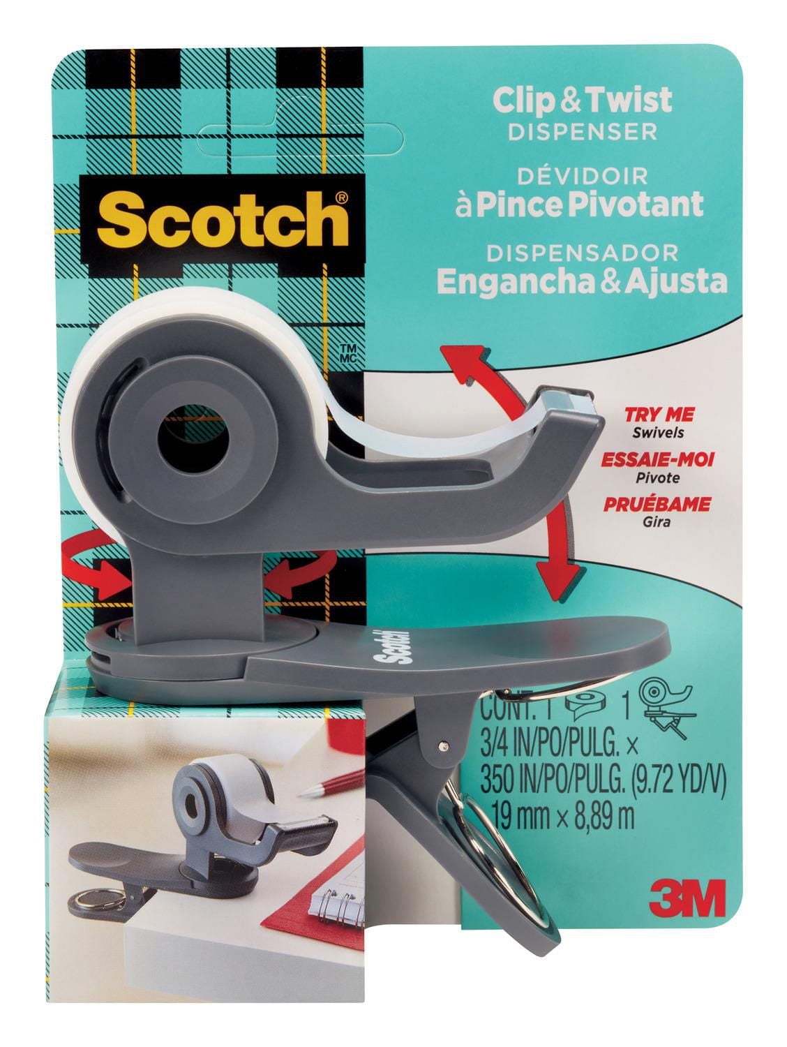 Dévidoir de ruban de bureau Scotch®, C19-CLIP-SR, à pince pivotante, 1/paquet