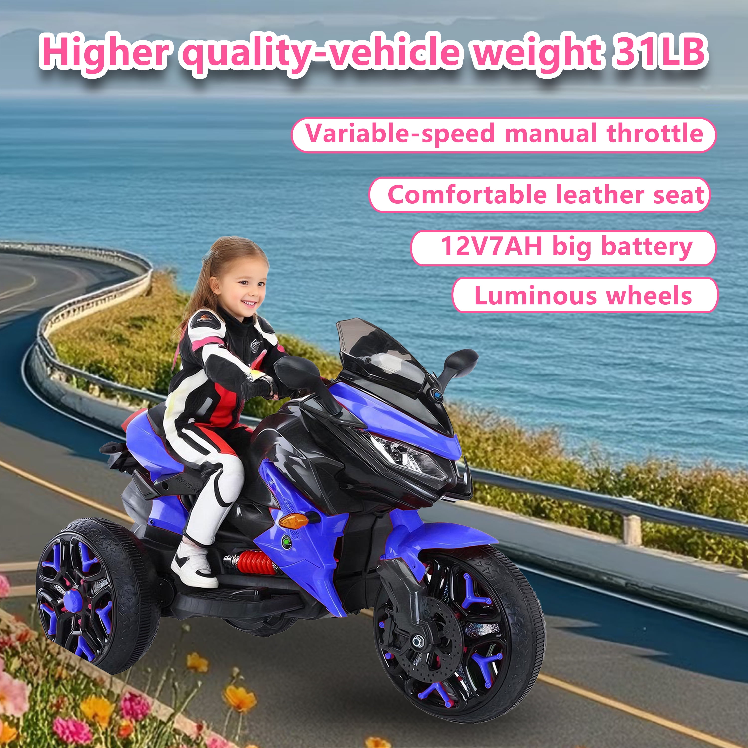 TAMCO Motorcycle 12V Battery Powered Ride-On Toy with LED Lights, Music, for Kids 3-6 Years, Blue, 1-Pack