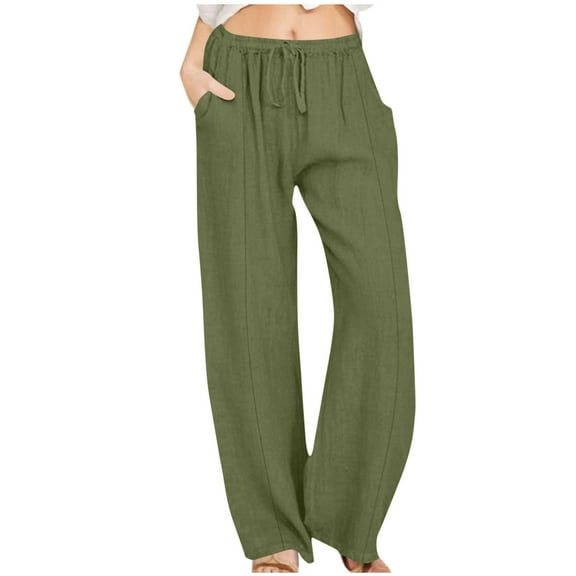 gakvbuo Cotton Linen Pants For Women Casual Drawstring Elastic Waist Long Pants Straigh Wide Leg Pants Trousers Solid Color Slacks Womens Sweatpants