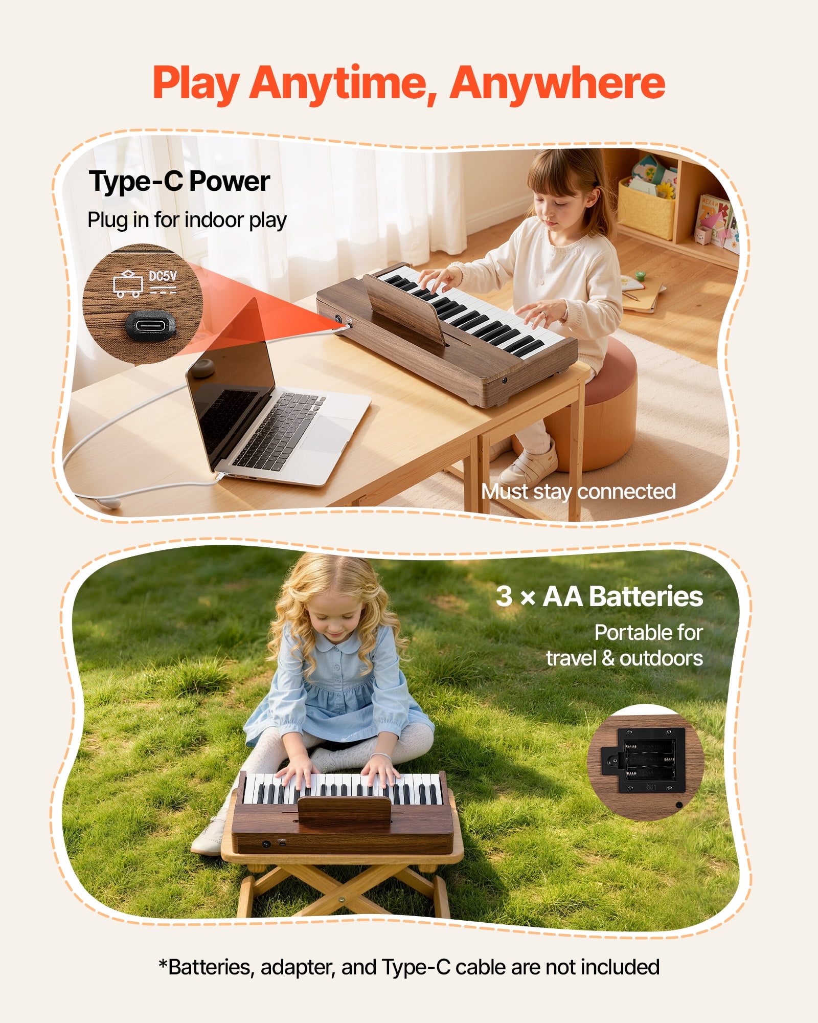 VEVOR Kids Piano Keyboard, 37 Keys Wooden Digital Piano for Kids, Mini Music Educational Instrument Toy with Realistic Sound, Dual Power, Adjustable Volume for Toddlers, Boys Girls Learning,Walnut