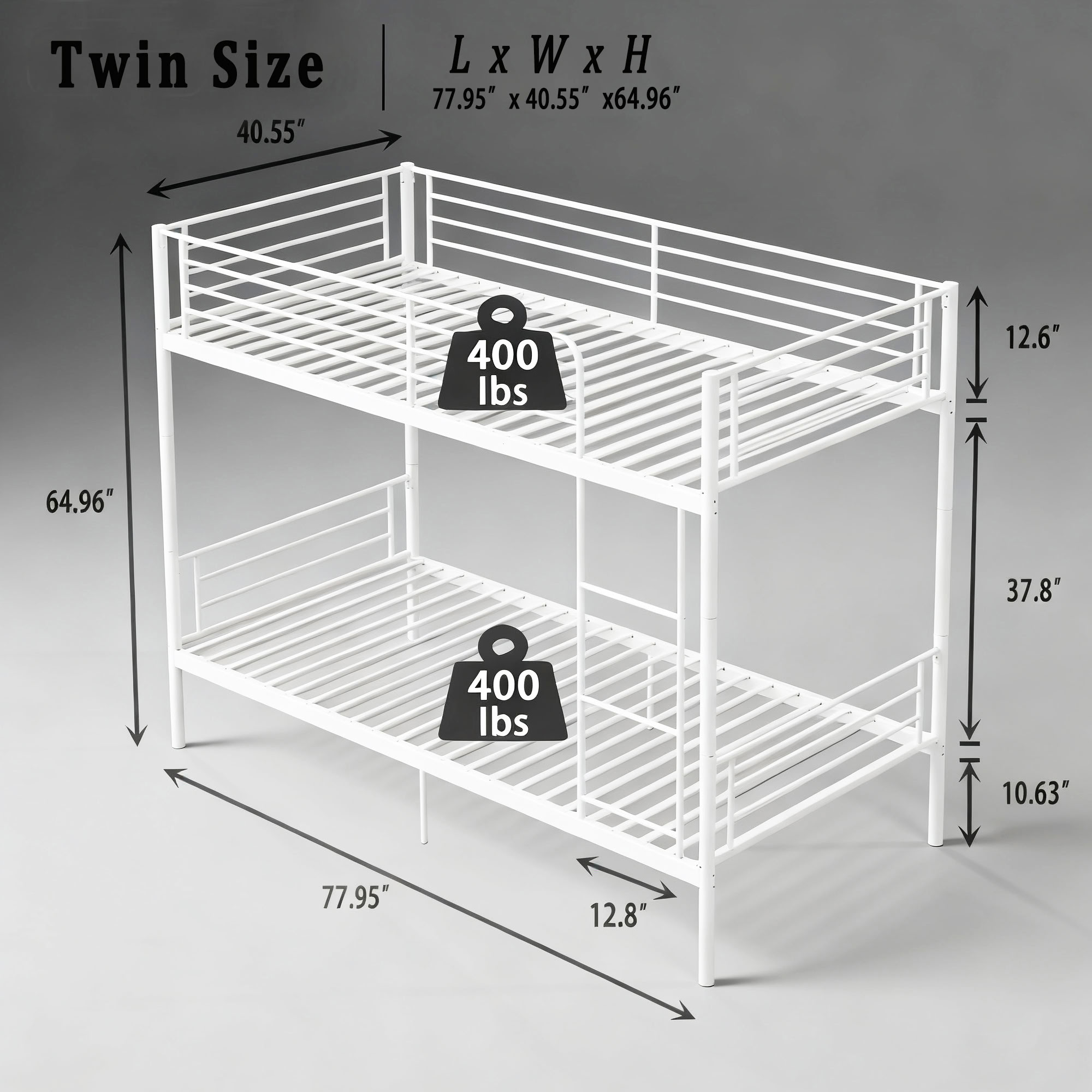 MAYEERTY Twin Over Twin Metal Bunk Bed with Ladder and High Guardrail, Heavy Duty Steel Frame, Space-Saving Bed for Kids Teens Adults Bedroom Dorm, No Box Spring Needed