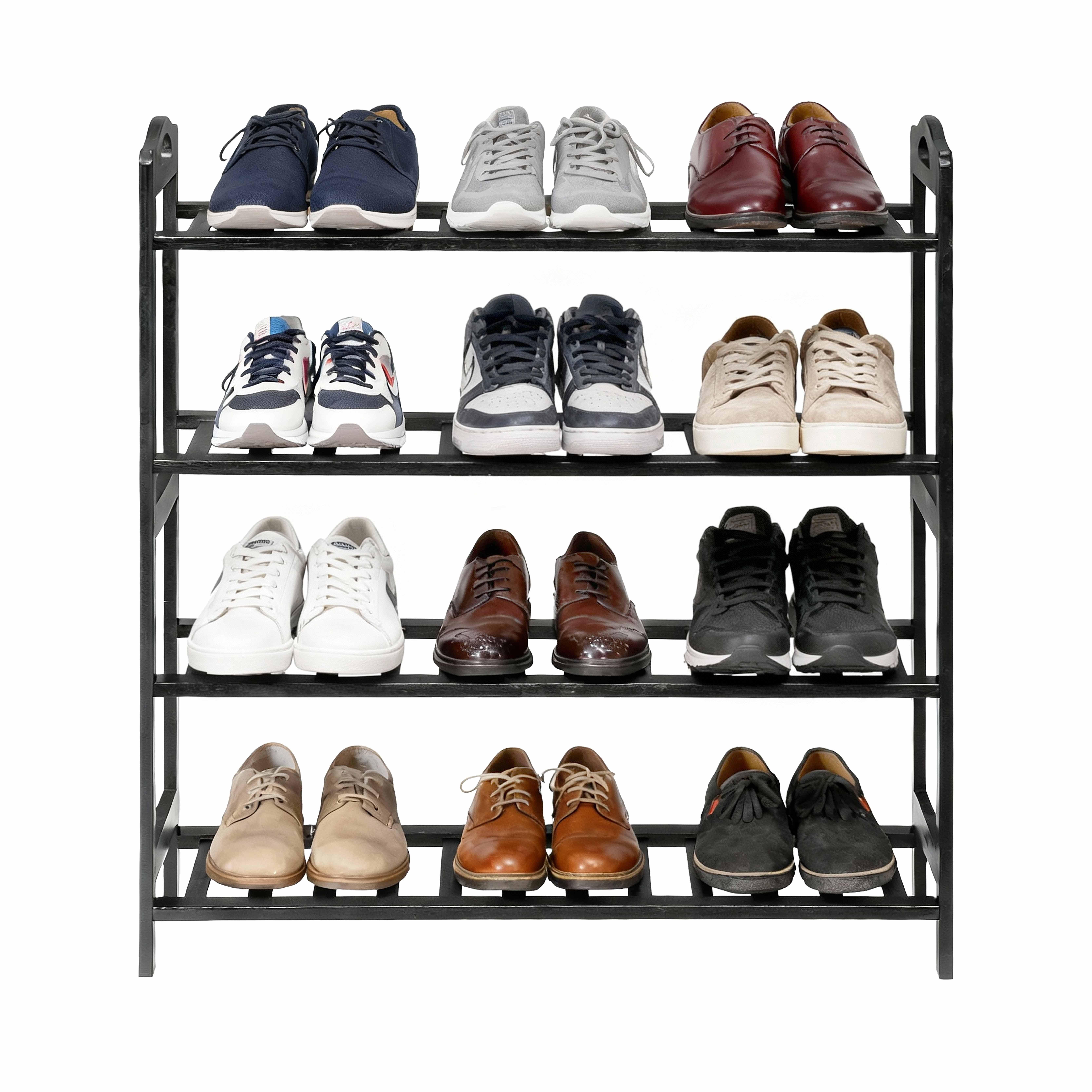 Zimtown Natural Bamboo 4 Tiers Shoe Rack Shoe Storage Organizer 12-Batten Free Standing Shoe Tower Shoe Shelf Shoe Cabinet for Entryway Hallway Living Room Closet, Black
