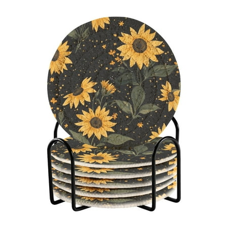 

6-Pack Polyester Coil Coasters with Holder - Heat-Resistant (140℃) Non-Slip & Durable，Yellow Sunflowers