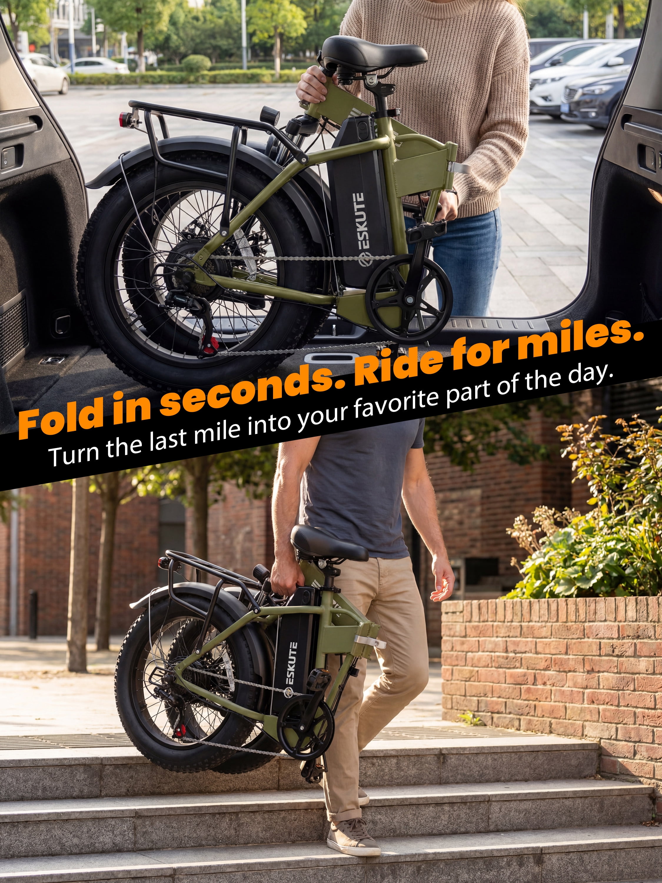 ESKUTE D300 Electric Bike for Adults, Folding Ebike with 1200W Peak Motor 28MPH, 48V 20.8Ah Removable Battery, 20"x4.0" Fat Tires, 80 Miles 7-Speed Gear, NFC Unlock,Green with Phonebag & Lock, UL2849