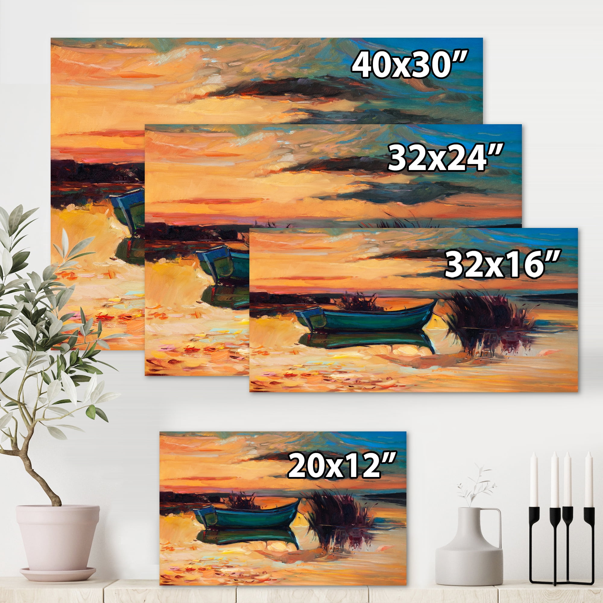 Boat At The Lake During Evening Glow I 32 in x 16 in Painting Canvas Art Print, by Designart