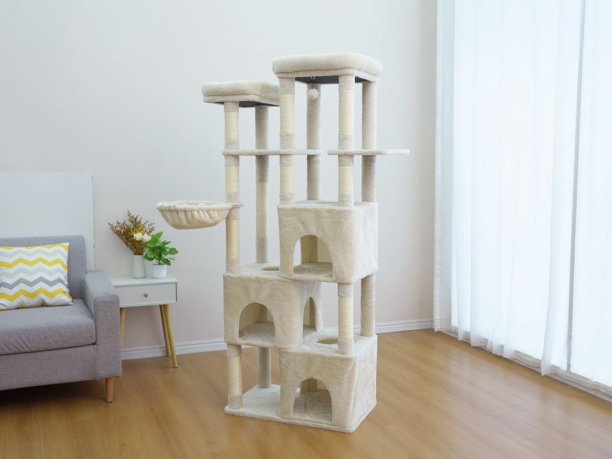 Vibrant Life Heavy Duty 7-Level 70" Cat Tree with Three Condos and Hammock, Beige