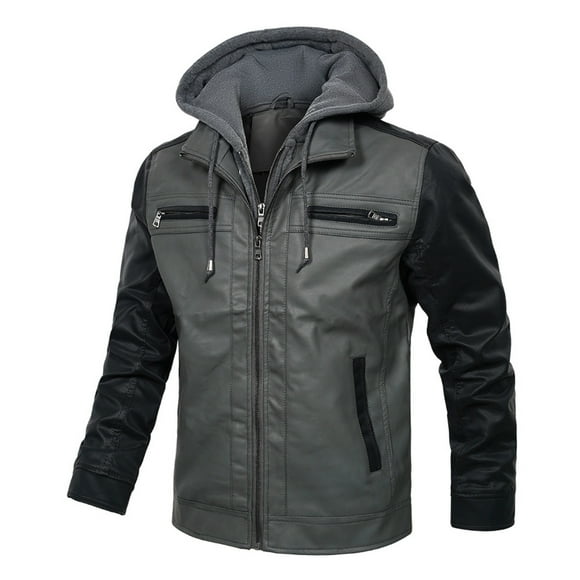 TIMIFIS Men's Casual Leather Hoodies Jacket Stand Collar Zip-Up Motorcycle Jacket Comfy Vintage Water Biker Jacket with Pockets