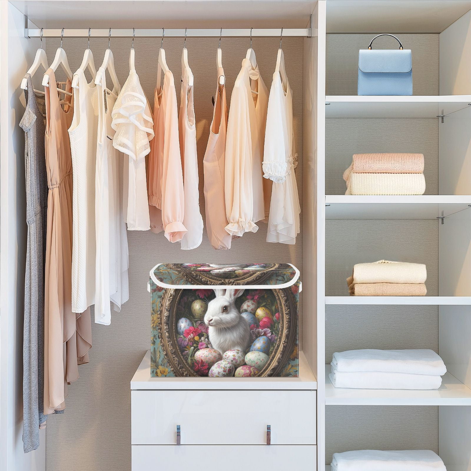 Rabbit Easter Eggs Storage Basket for Shelves Foldable Container Organizer for Organizing Toys Clothes Books with Handles