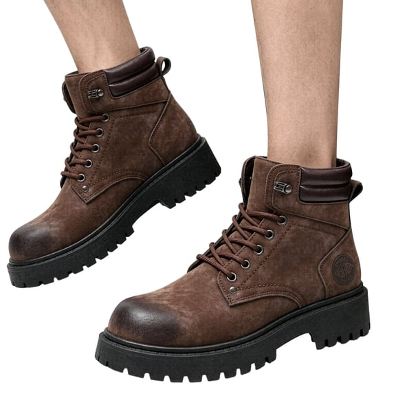 Women Platform Combat Ankle Boots Lace up Wide Toe Box Slip on Chunky Motorcycle Booties Vintage Distressed Fall Winter Footwear Brown Size 7.5
