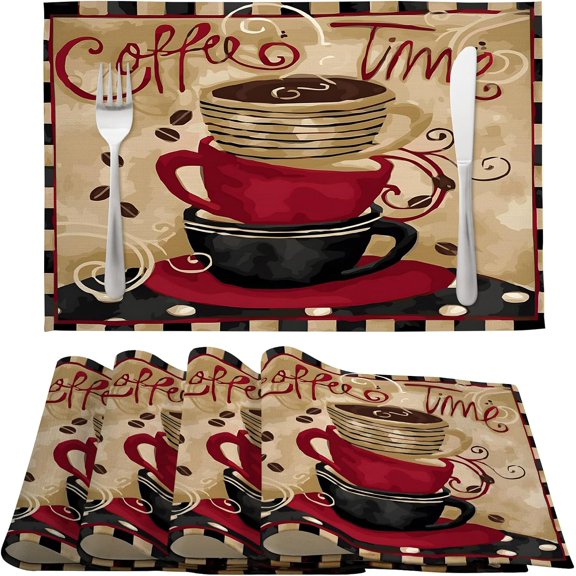 Coffee Time Placemats Set of 4, 12x18 Inch Seasonal Summer Table Mats for Party Kitchen Dining Decoration