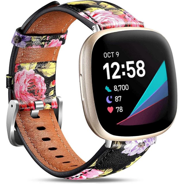 Compatible with Fitbit Sense and Fitbit Versa 3 Bands for Women Girls, Top Grain Leather Band Pattern Wristband for Fitbit Sense & Versa 3 Smartwatch